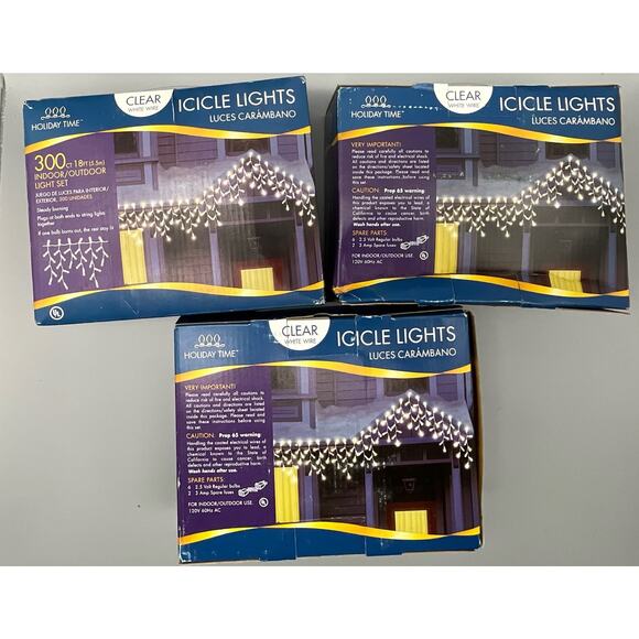 New in Box Icicle Light Sets 3 Boxes 300 ct each Indoor/Outdoor Clear White Wire - Picture 1 of 9